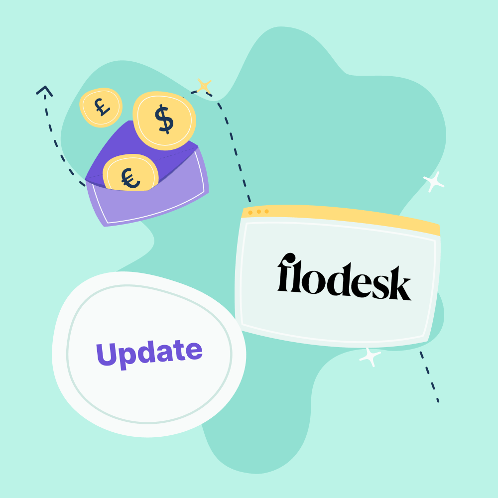 An envelope with coins. Next to it, the Flodesk logo and beneath it, the word "Update"
