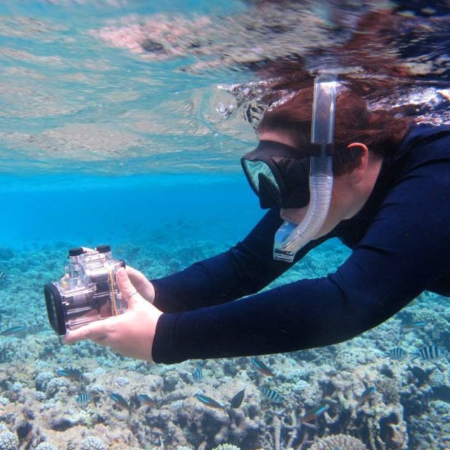 A diver taking a photo underwater