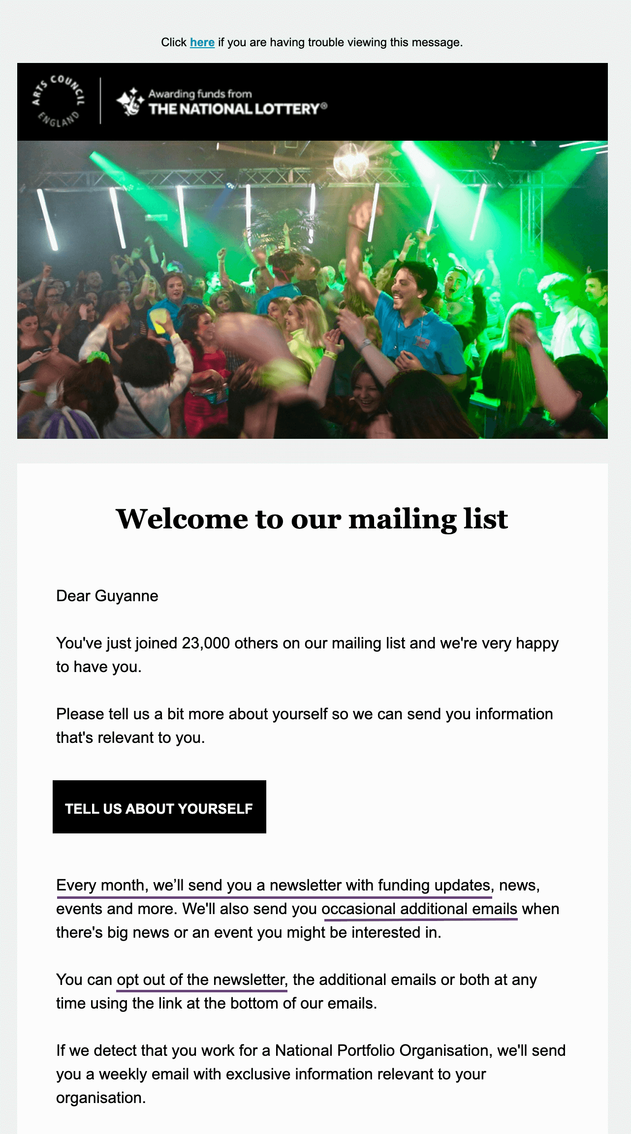 Example of a welcome email from Arts Council England