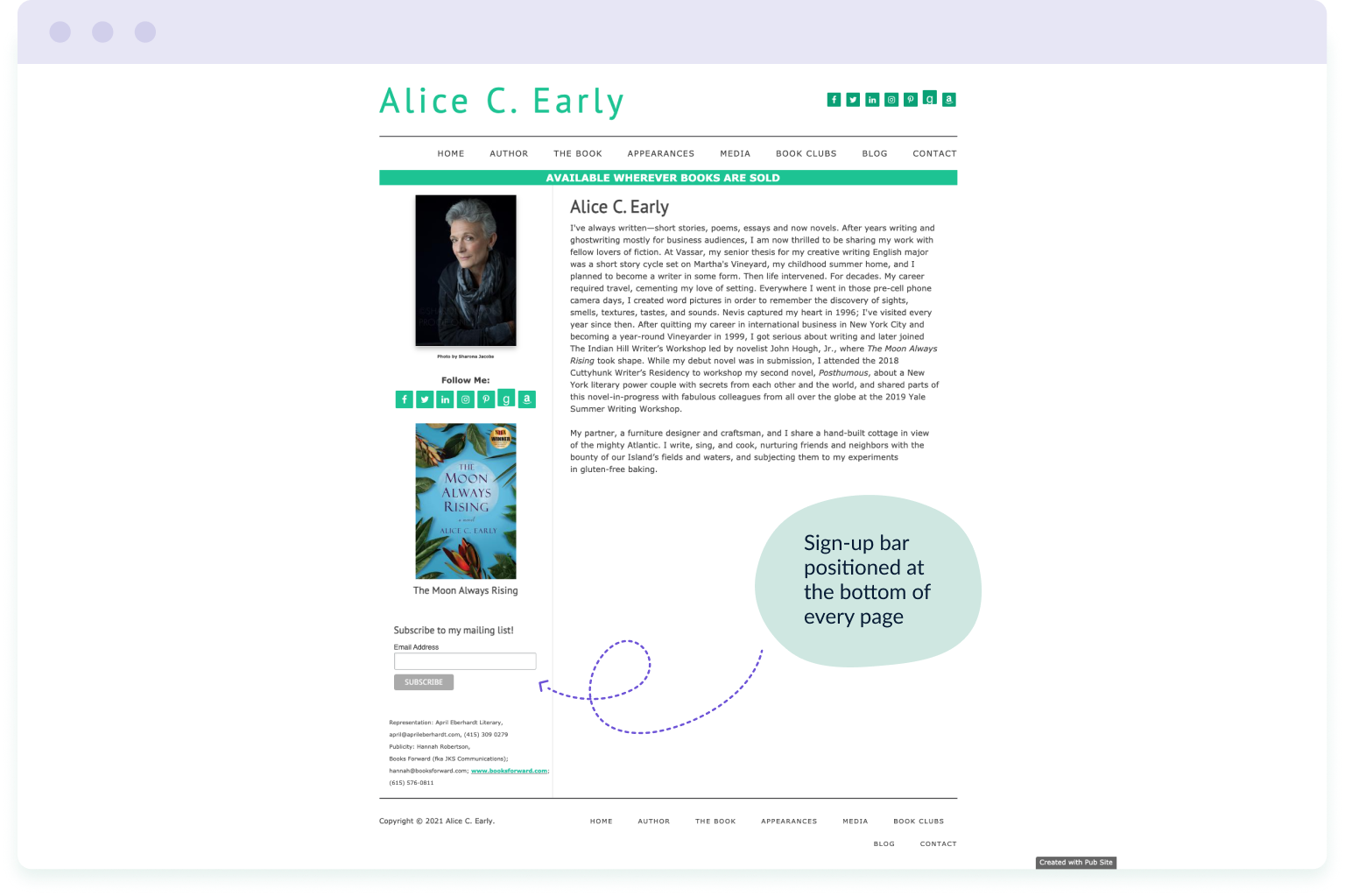 Example of a sign-up bar used on every page of author Alice Early's website – an important step in building an author's email list