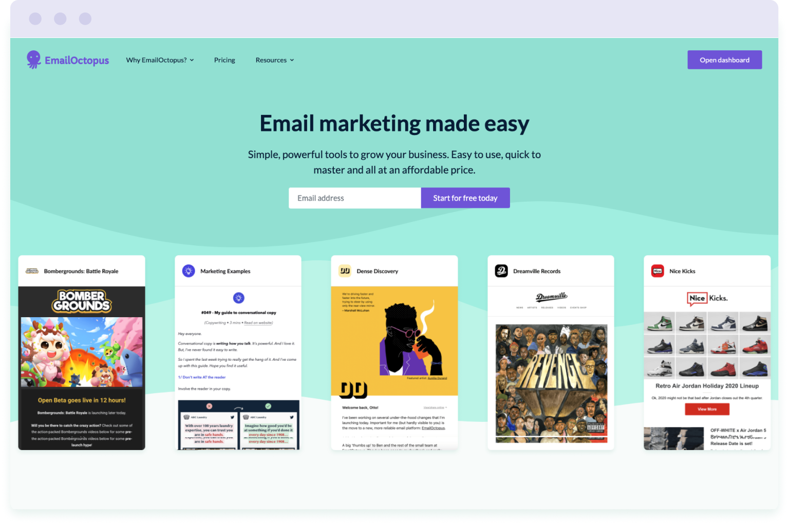 Image of the EmailOctopus website homepage. EmailOctopus is a cheaper alternative to Mailchimp.