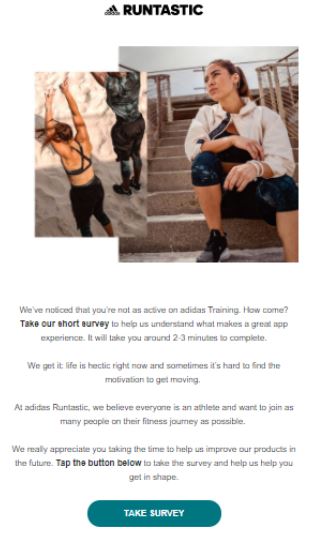Example of a survey email used in a re-engagement campaign by Runtastic