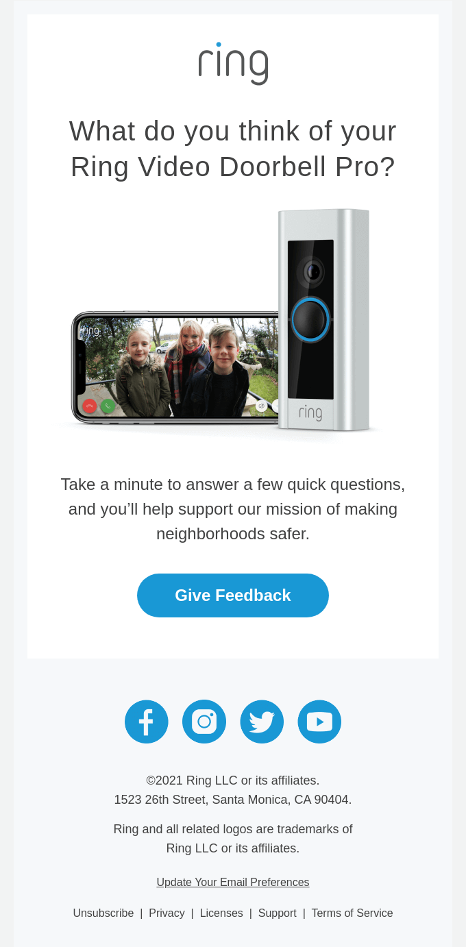 Example of a survey sent via email from Ring using one clear CTA