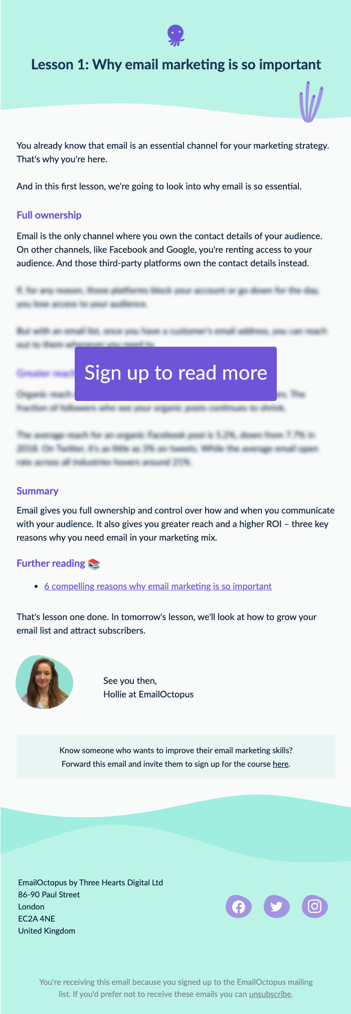 Example of blog content repurposed as an email course by EmailOctopus