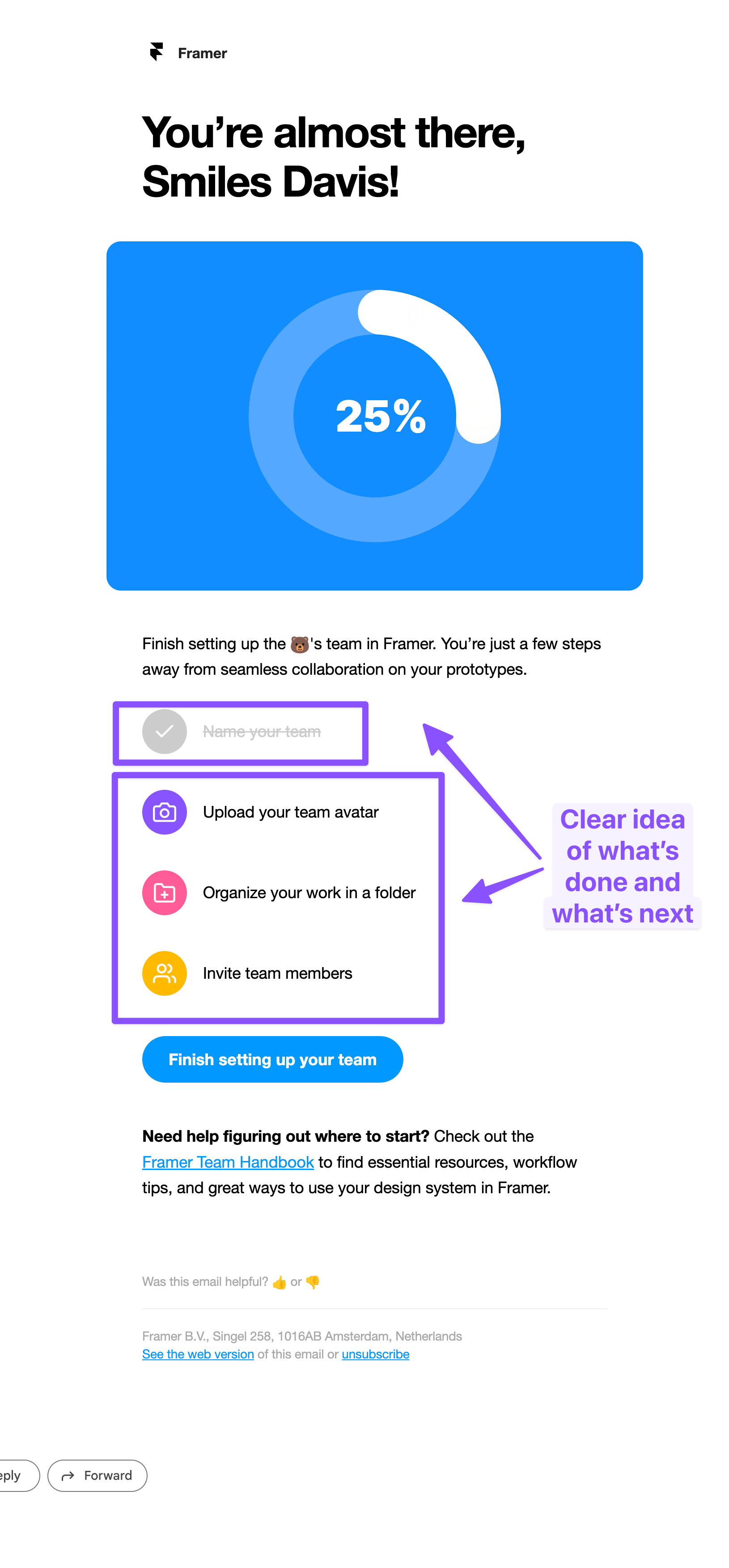 Sample onboarding email by Framer