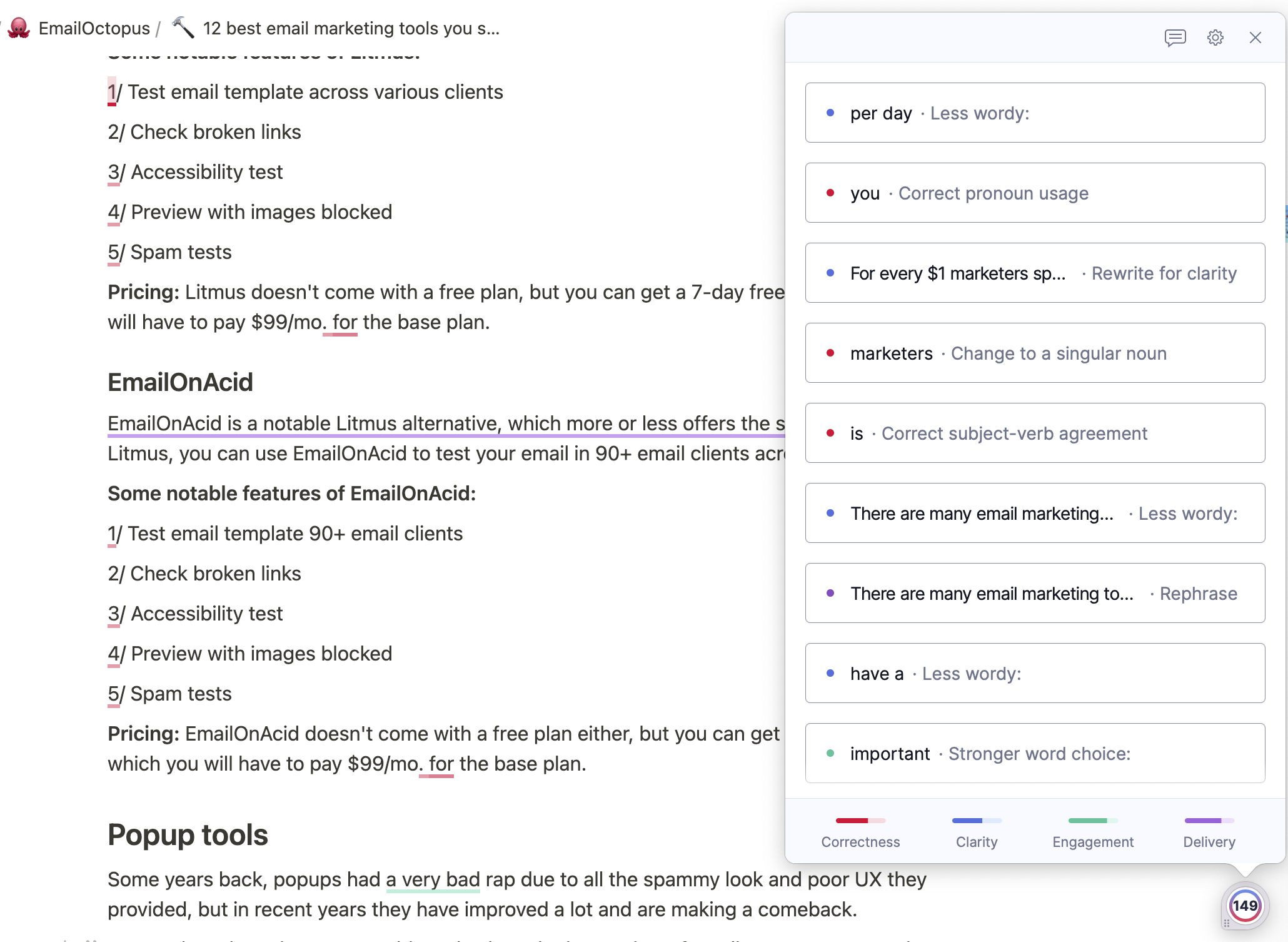 Sample UI of Grammarly suggestions