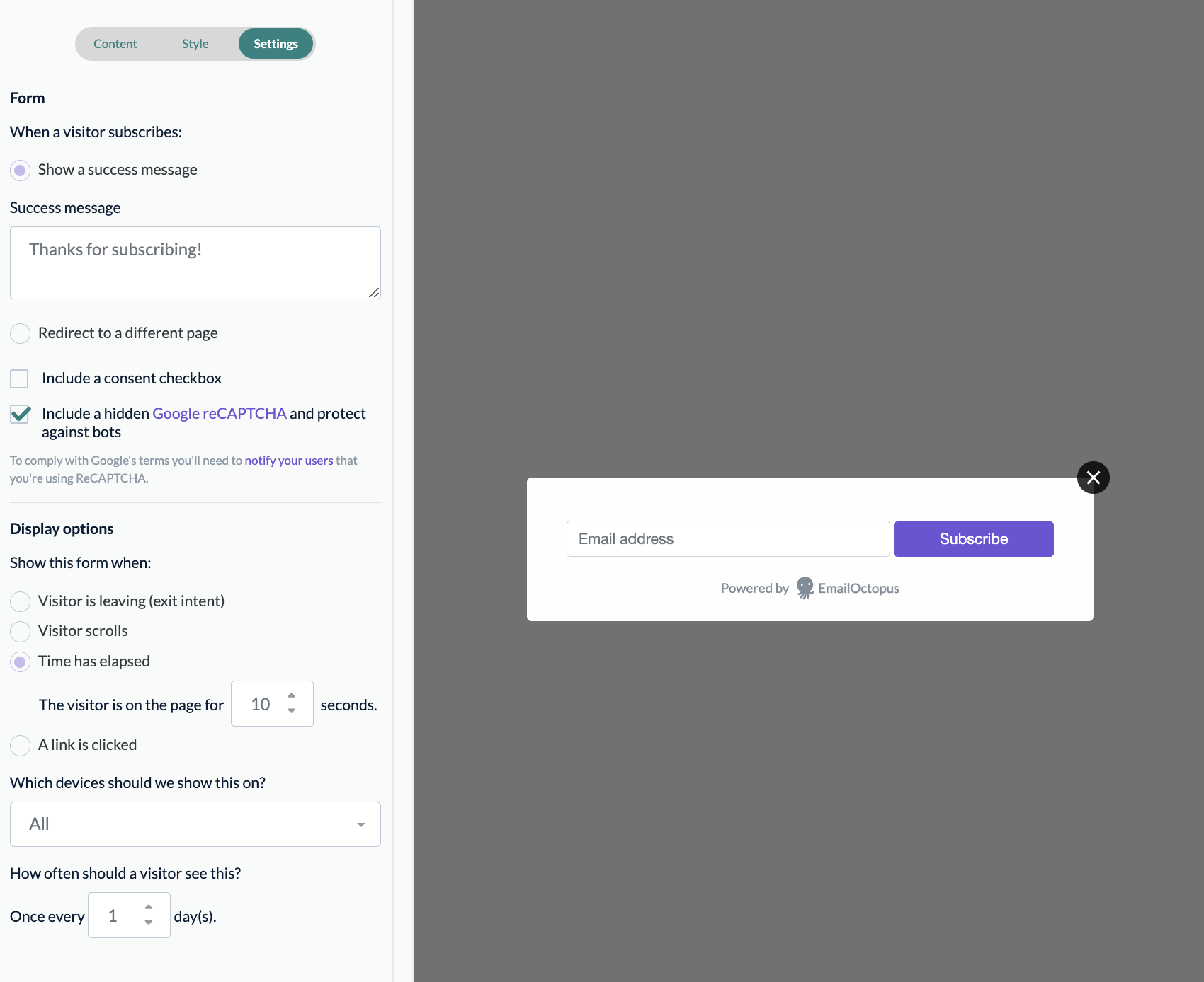 EmailOctopus pop-up builder