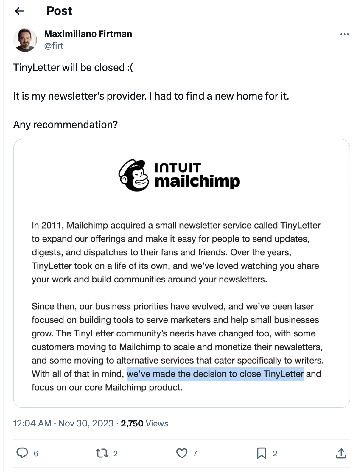 TinyLetter shutting down