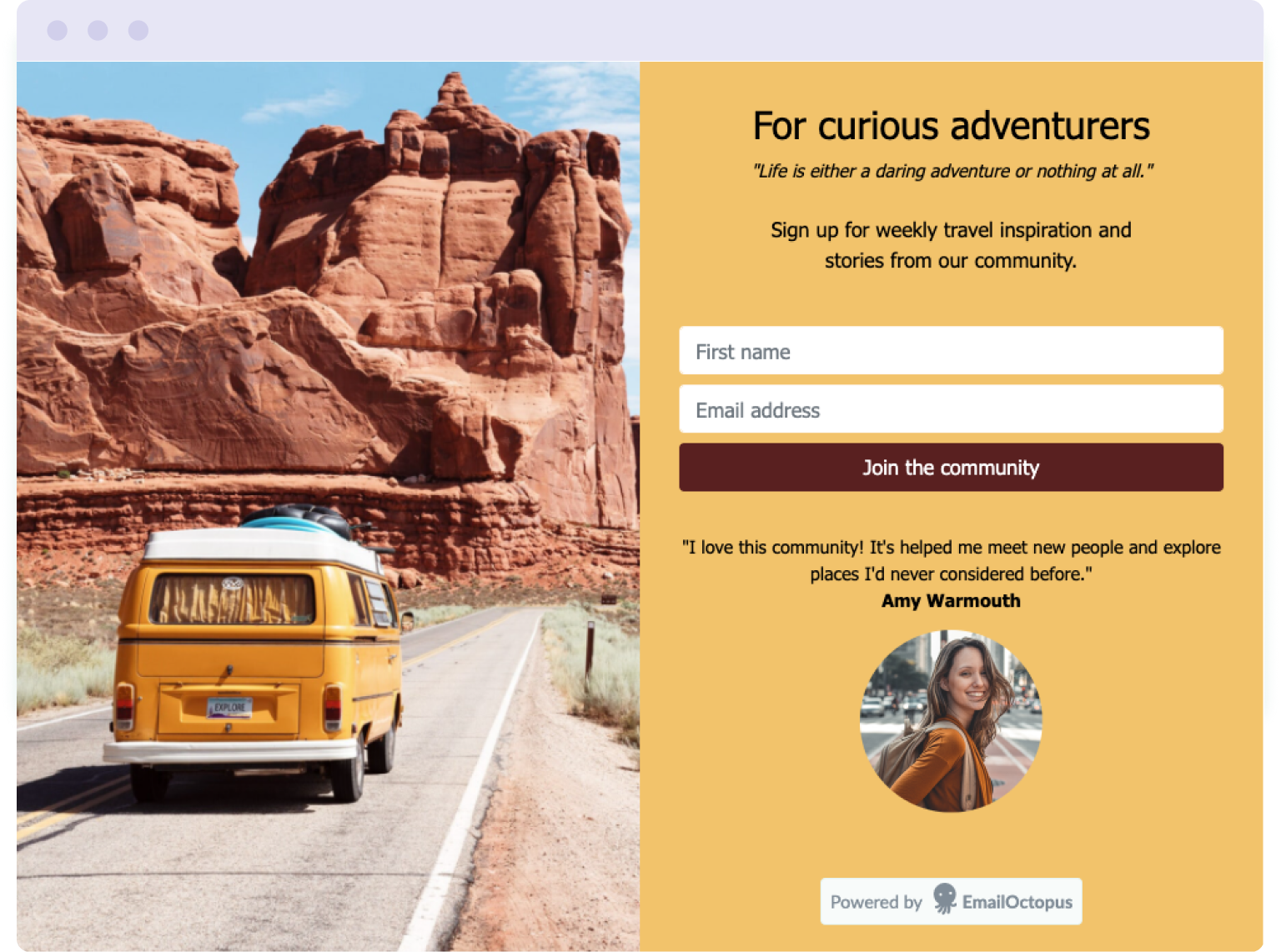 Example of a landing page built for free in EmailOctopus