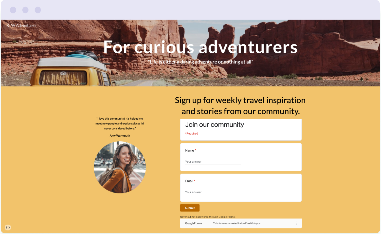 Example of a free landing page built with Google Sites