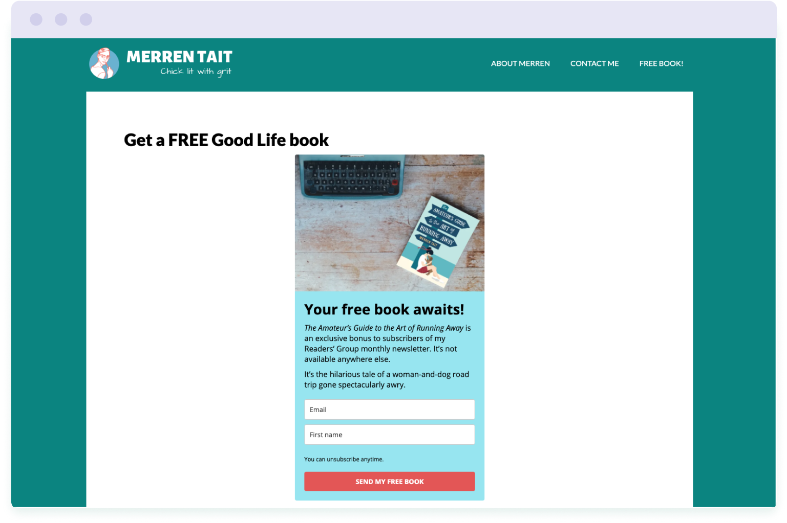 Example of a landing page designed to convert website visitors into subscribers on Merren Tait's author website