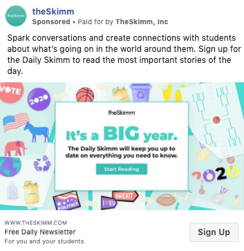 An image demonstrating how social media and email marketing can be integrated. The Facebook ad by theSkimm links directly a sign-up form for their daily newsletter.