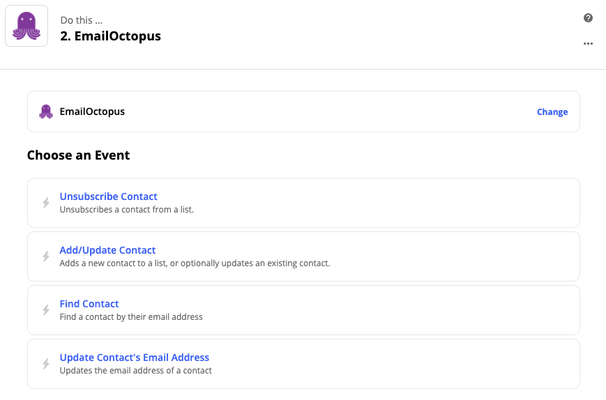 Screenshot of the actions now available in the Zapier integration with EmailOctopus
