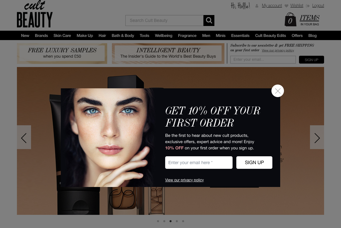 Example of the opt in form used on the Cult Beauty website. It shows you how to do a single opt in form well.
