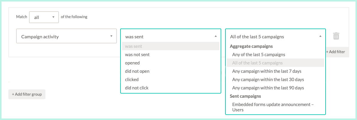 Screenshot of the filters available for segmenting subscribers by campaign activity in EmailOctopus