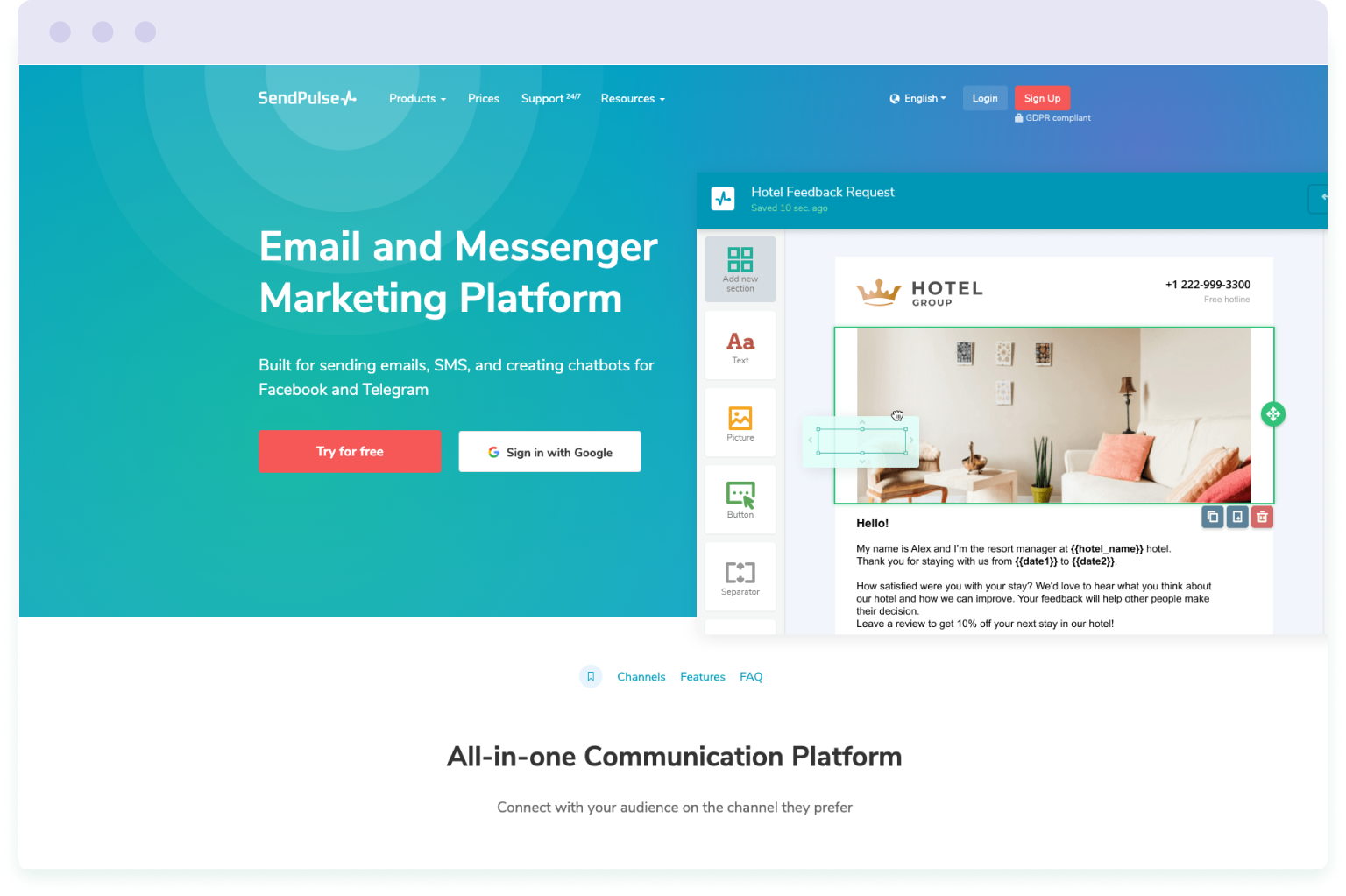 Image of the website homepage for SendPulse, a cheaper alternative to Mailchimp