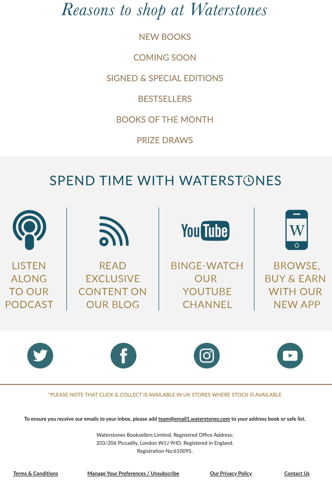 Image of an email campaign by Waterstones with links to their social media in the footer.