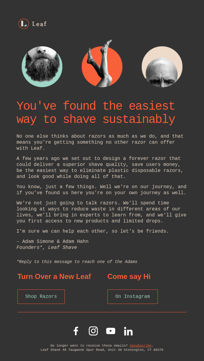 Example from Leaf Shave showing how you can tell your story in a welcome email