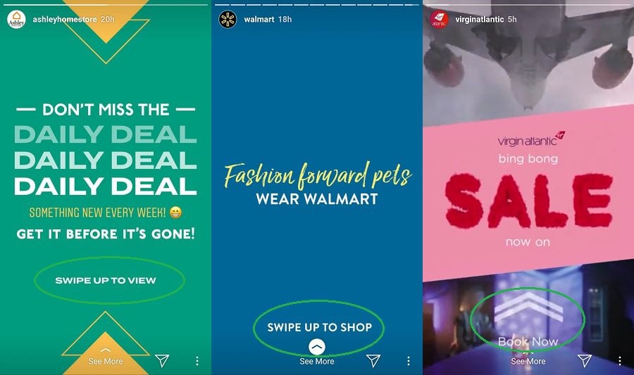 Three examples of the "swipe up" feature on Instagram stories, being used by brands.