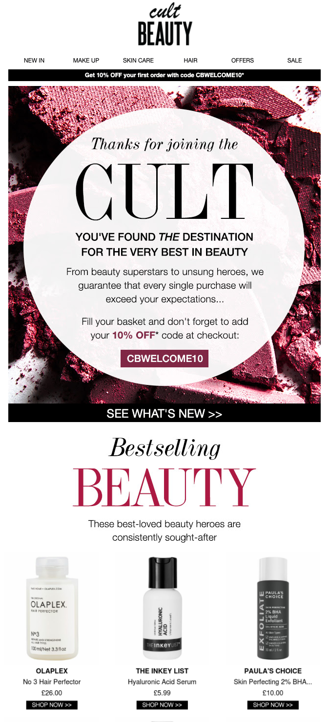 Top portion of the welcome email sent by Cult Beauty after website visitors have signed up via single opt in
