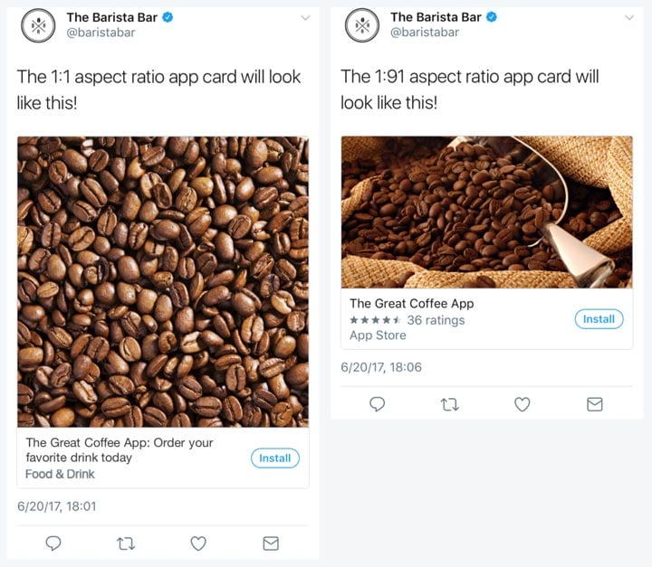 Image of Twitter Cards by Barista Bar. They show how you can use advertisements on social media to promote your business.